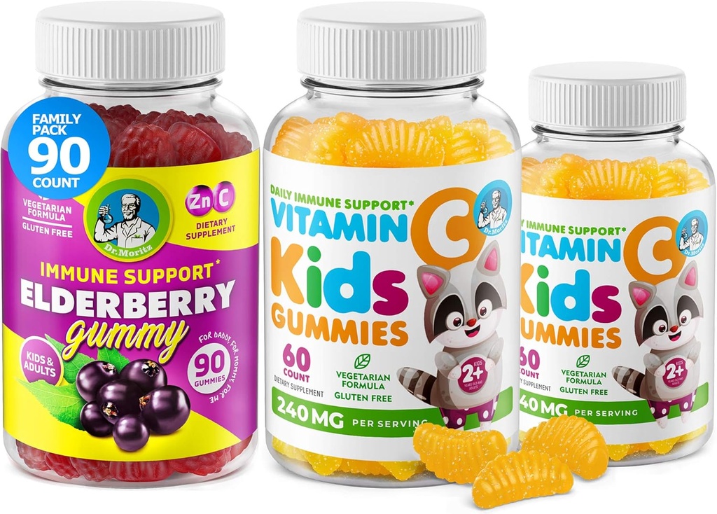 DR. MORITZ Vitamina C Gummies and Elderberry Gummies for Kids and Adults - Immune Support Low-Sugar Chewable Gummy Vitamins for Toddlers - Vegetarian Gelatin-Free Children's Dietary Supplement