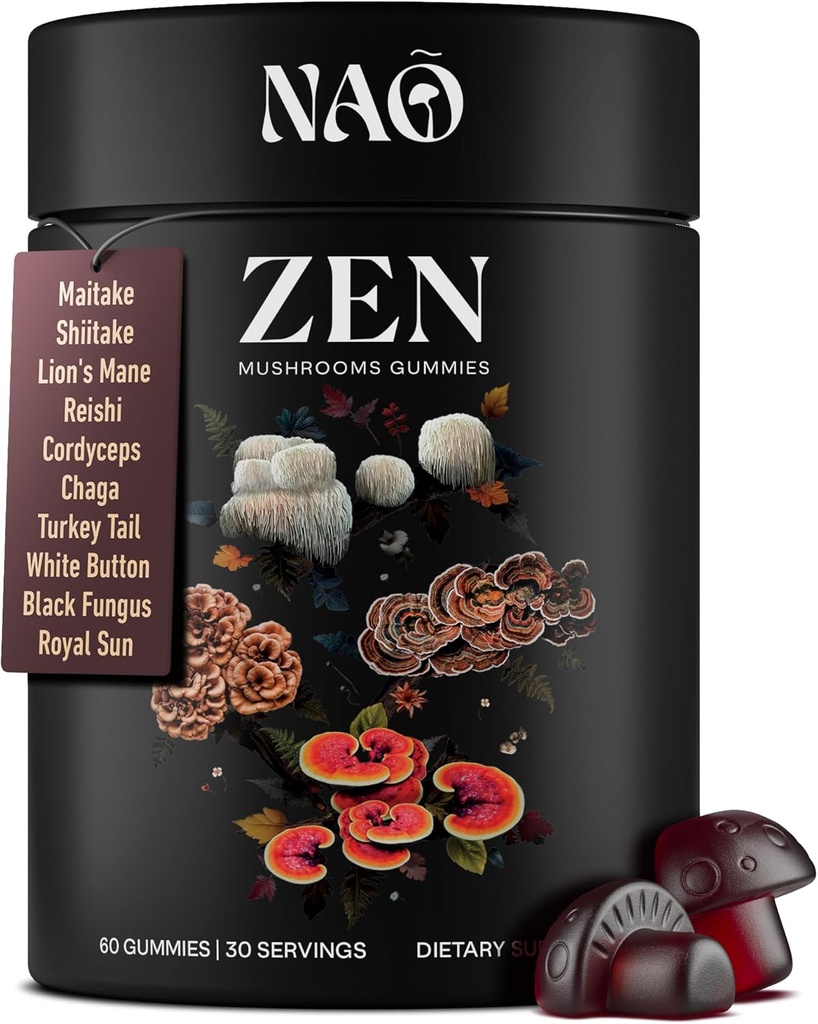 NAO Made in USA 10-in-1 Mushroom Gummies Nootropic – Premium Blend with Reishi, Lion’s Mane, Chaga, Cordyceps, Shiitake, Maitake & Turquía Tail for Brain, Immune & Energy Support –Non-GMO, Vegan