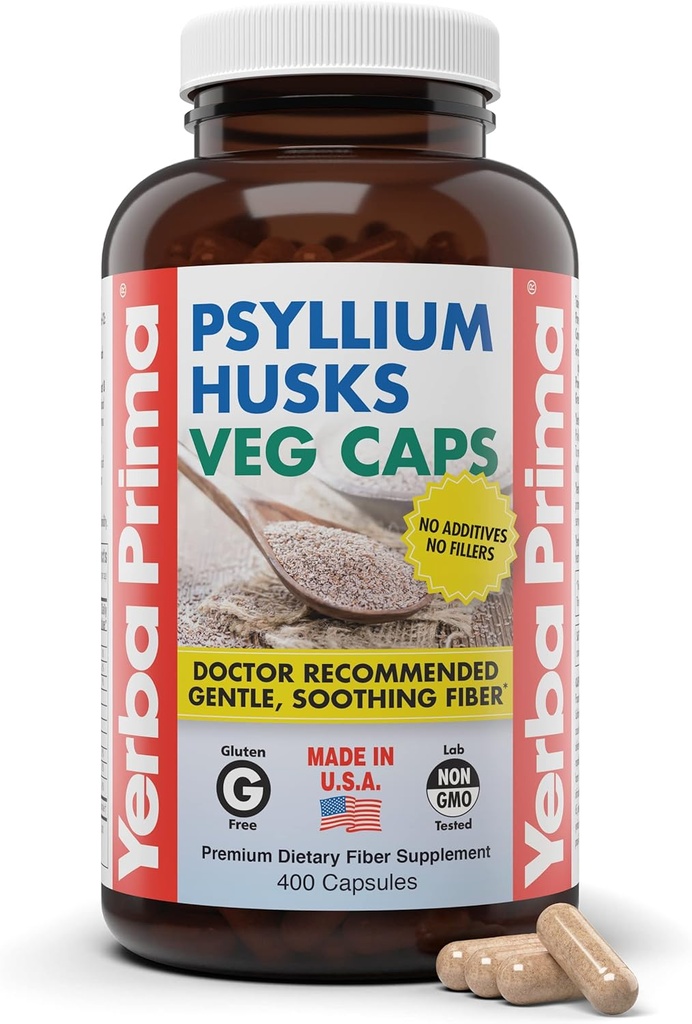 Yerba Prima Psyllium Husks Veg Caps, 400 cápsulas (625mg) - Vegan, no GMO, Gluten Free, Colon Cleanser, Daily Fiber Supplement for Gut Health & Regularity