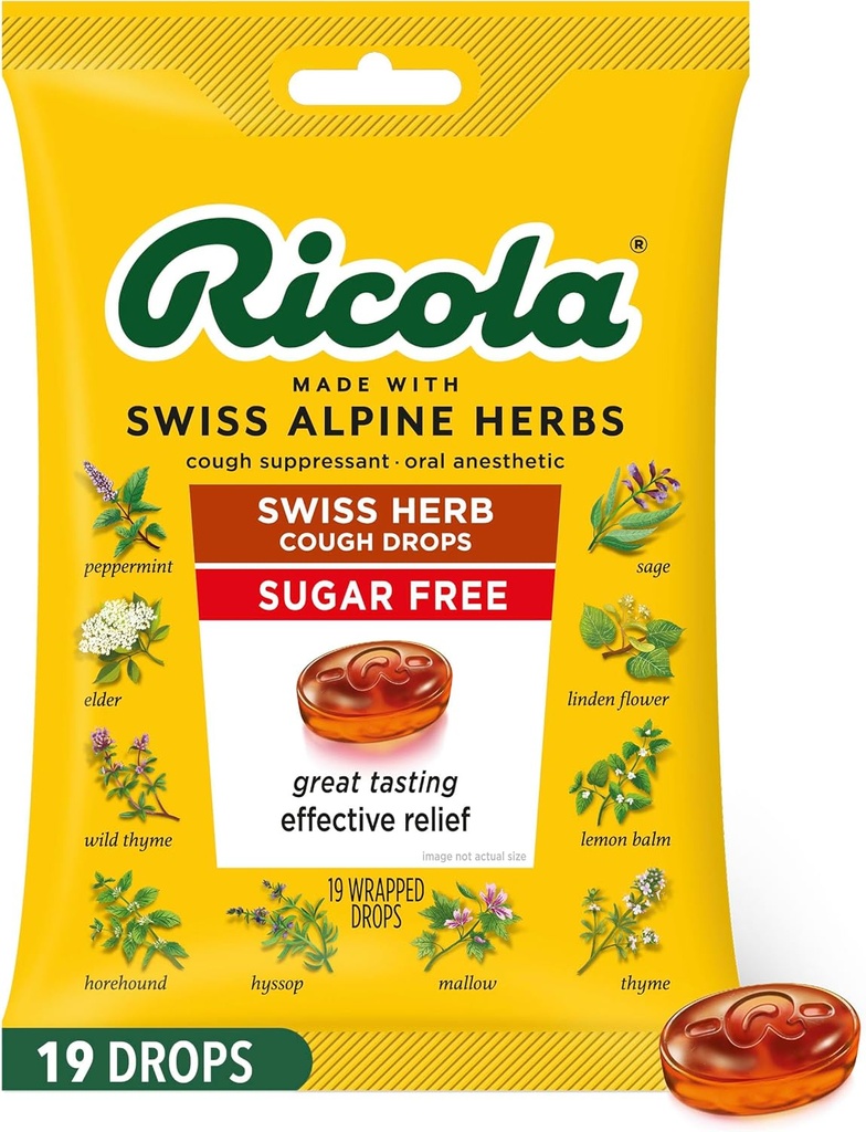 Ricola Sugar Free Swiss Herb Cough Drops, 19 Conde, Cough Suppressant & Throat Relieving Drops with Naturally Sourced Menthol, Pleasing Taste for Coughs & Throat Irritation Symptom Relief