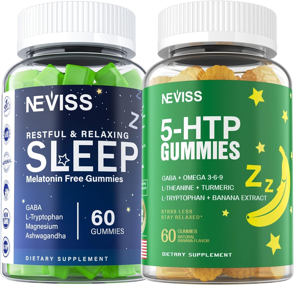 Melatonin Free Sleep Aid Gummies + 5-HTP Gummies for Adults , con GABA, L-Theanine, L-Tryptophan, Magnesium, Ashwagandha, Turmeric - Non-Habit Forming, Banana Extract Help for Deep Relaxation, Calm