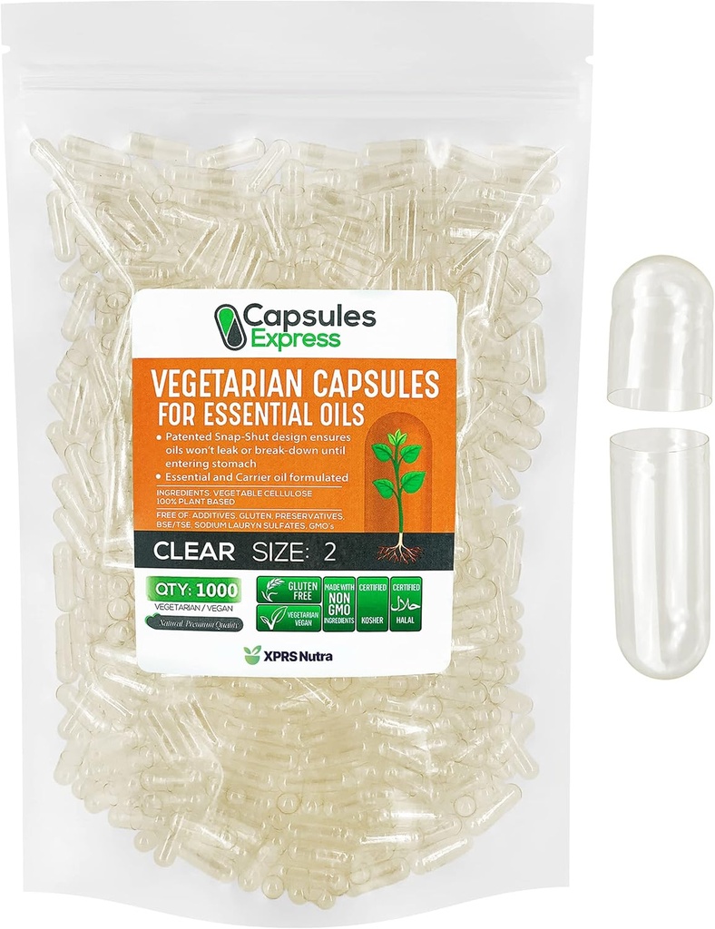 XPRS Nutra Size 2 Empty Vegan Capsules - 1000 Conteo de cápsulas de verduras claras para aceites esenciales - Píldoras vegetales vacías - relleno de aceite DIY