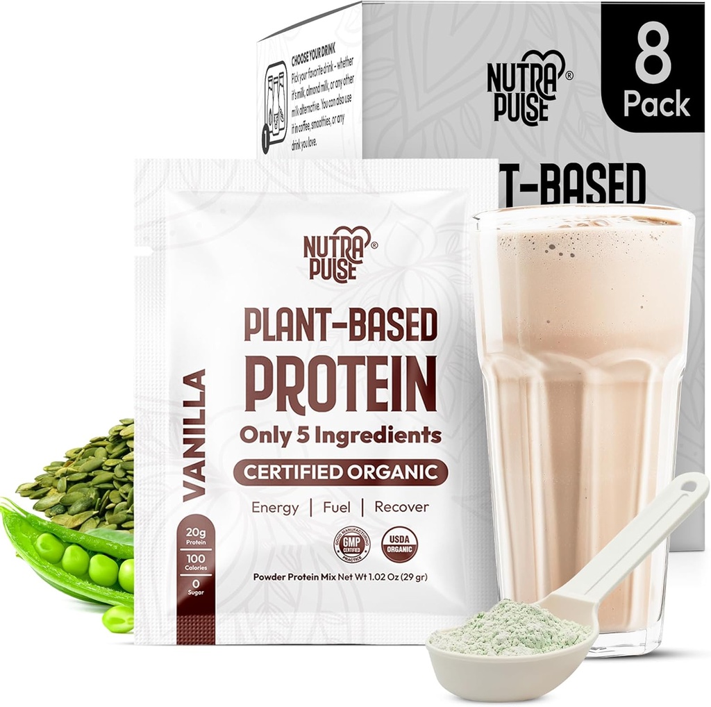 Organic Vegan Protein Powder Sample Pack - Plant-Based Protein, Gluten-Free, Non GMO, 20g Protein Por Serving, Great for Smoothies & Shakes (Vanilla, Pack of 8)