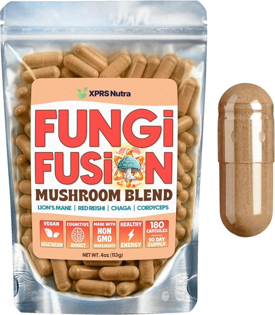XPRS Nutra Fungi Fusion Mushroom Blend Capsules - 180 Conde (90 Day Supply) Premium Blend of Lion's Mane, Reishi, Chaga, Cordyceps Capsules to Support Mental Clarity, Cognition, Energy and Immunity