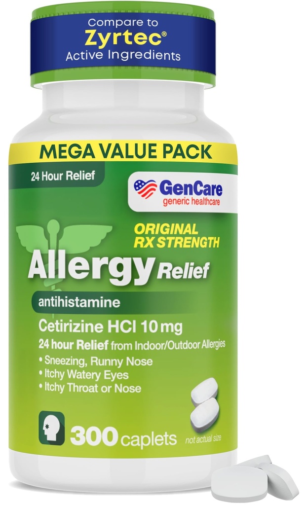 GenCare - Cetirizine HCL 10 mg (300 Caplets) - 24 Hour Allergy Relief Pills - Non Drowsy Generic OTC Allergy Medication - Antihistamine Medicine for Sneezing, Runny Nose & Itchy Eyes - Generic Zyrtec