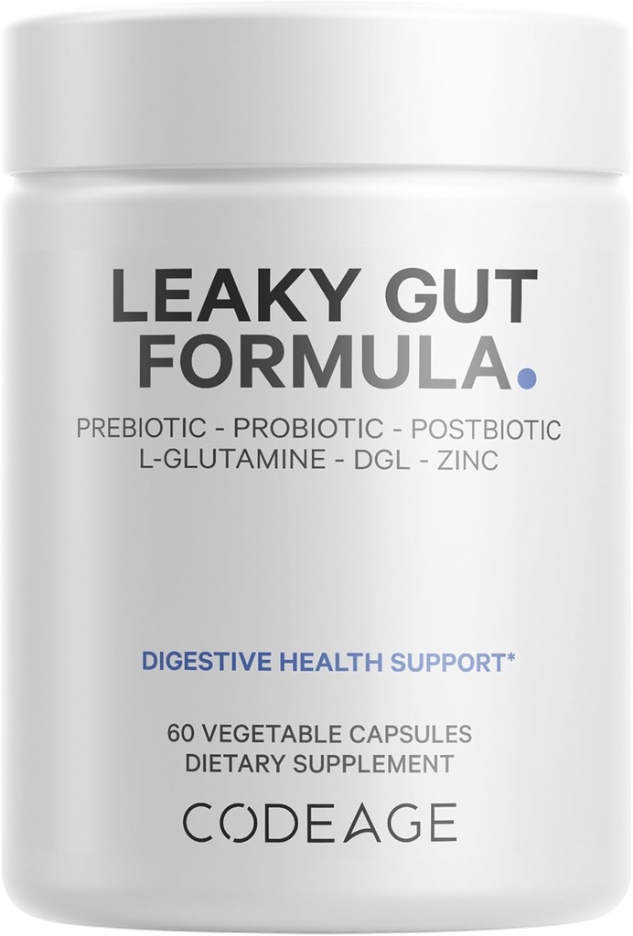 Codeage Leaky Gut Supplement, L-Glutamine, N-Acetylglucosamine, Probiotic, Butyric Acid, Polyphenols, Quercetin, DGL, Marshmallow Root, Berberine, BioPerine, Cinnamon, Vegan, Non-GMO, 60 cápsulas