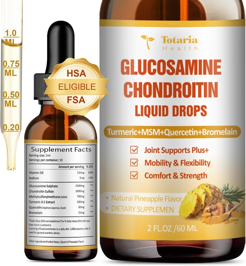 Glucosamine Chondroitin MSM Liquid Drops FSA-HSA - Joint Support Supplement for Mobility, Flexibility & Bones Chondroitin Sulfate Supplement Turmeric, Quercetin, Bromelain, MSM Oil 2 FL.OZ