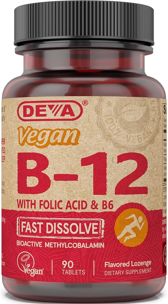 Deva Vegan Vitamina B12 Fast Dissolve Supplement - Once-Per-Day Complex with 1000 Mcg Methylcobalamin B12, Folic Acid, B6 - Lemon Flavor - 90 Dissolvable Tablets, 1-Pack