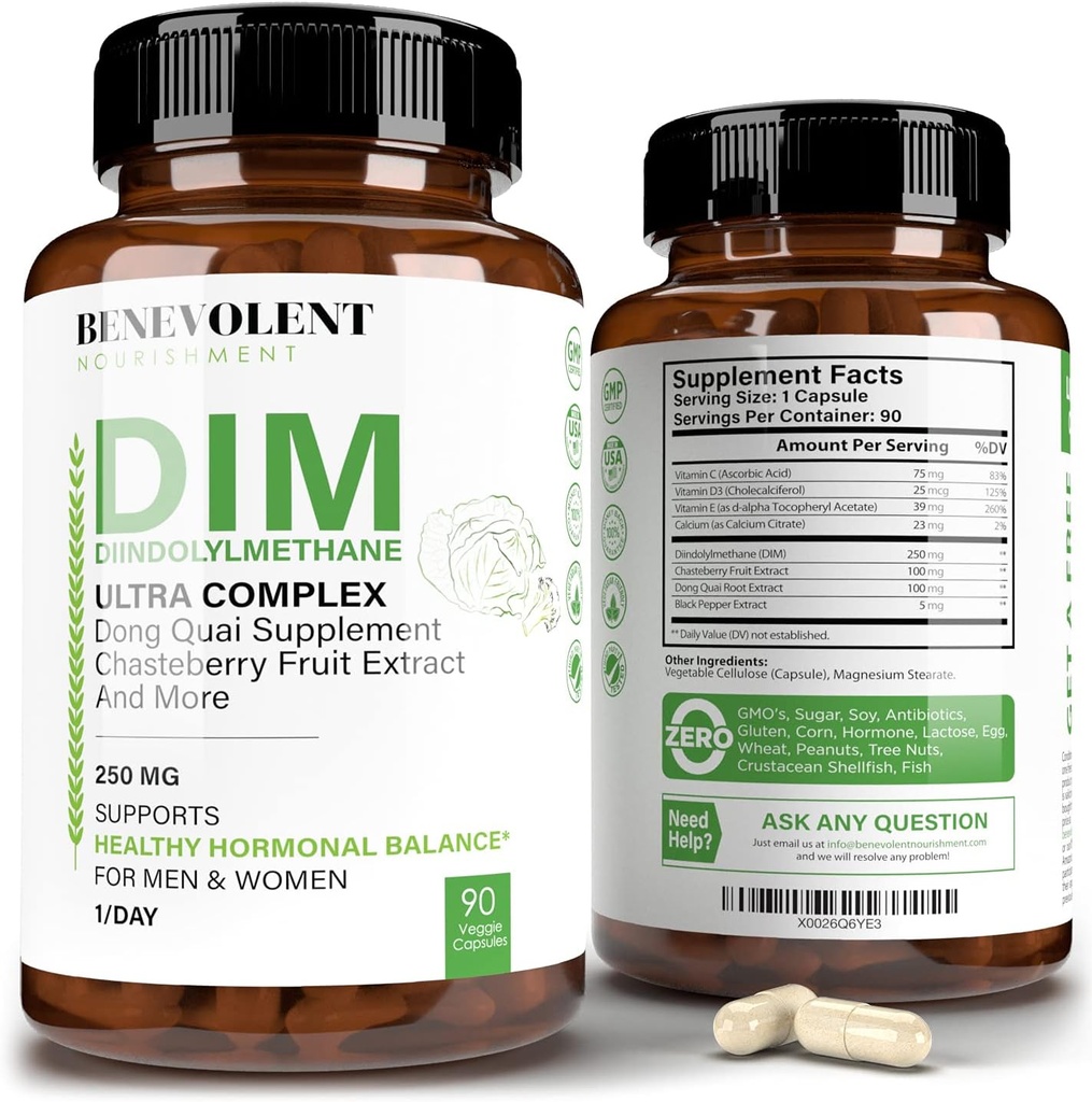 Benevolent Nourishment Maximum Strength DIM Suplemento 250mg - 90 Vcaps Diindolylmethane Ultra Complex Plus Chasteberry, Dong Quai Extract + Más