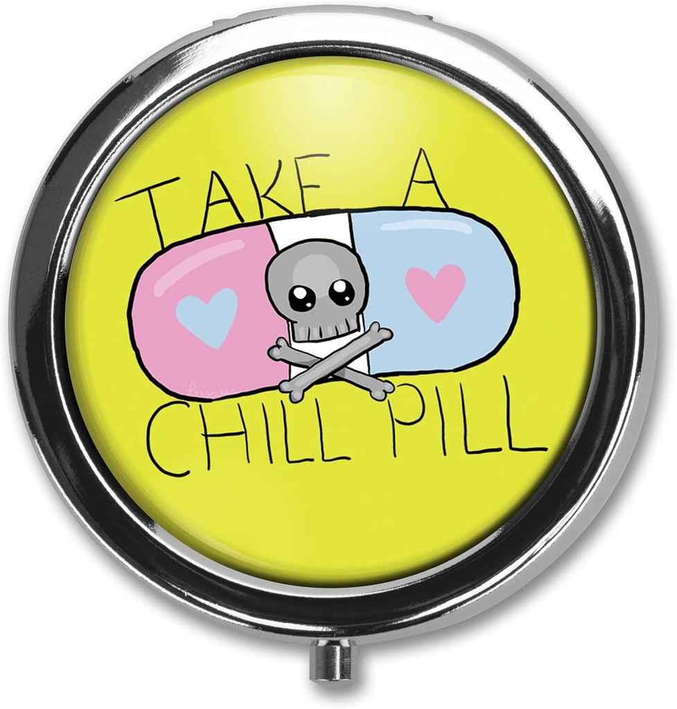 Cute Cartoon Tomar un Chill Pill Cotizaciones Pill Box Funda Trinket Stash Box Teléfono Dial Pop Art Retro Medicine Tablet Holder Organizer - 3 Compartments