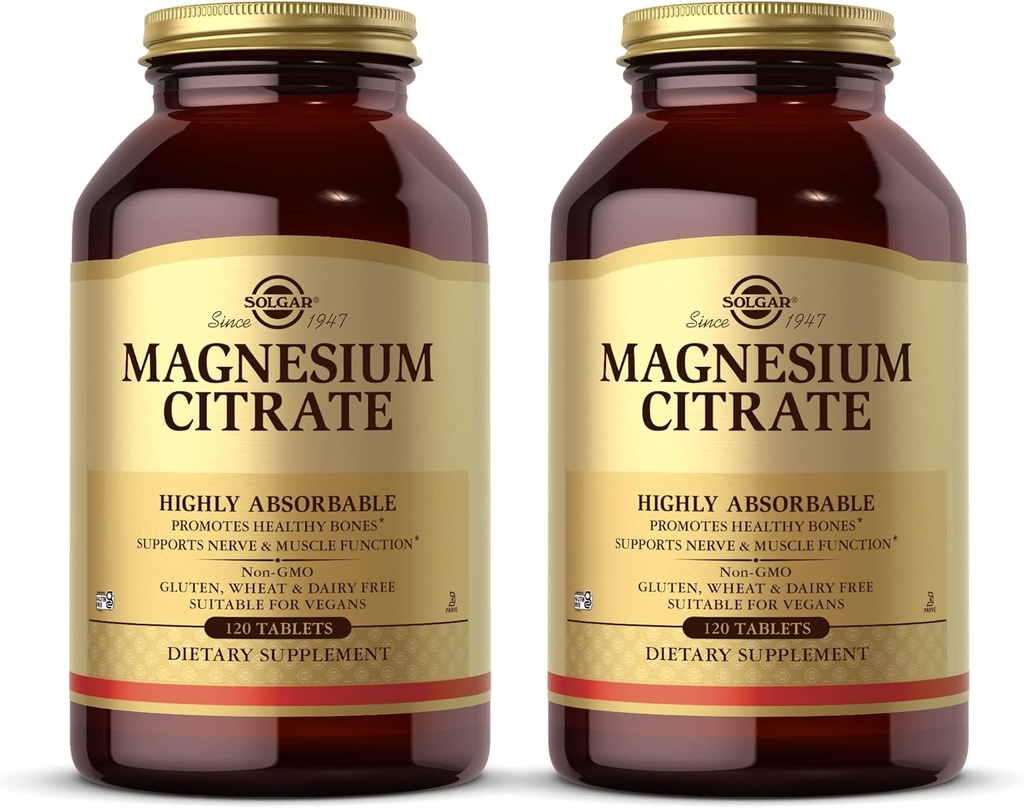 Solgar Magnesium Citrate - 120 Tablets, Pack of 2 - Supports Nerve & Muscle Function - Highly Absorbable - Non-GMO, Vegan, Gluten Free, Kosher - 120 Total Servings