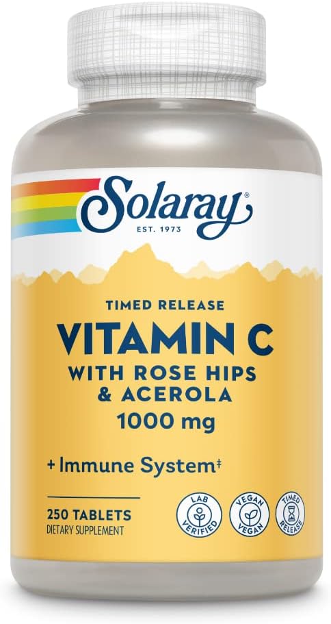 SOLARAY Vitamina C w/Rose HIPS " Acerola TENIDO 1000mg TENIDO Función de aislamiento saludable en dos etapas, Skin, Hair " Nails Support  durable Non-GMO ← 250ct