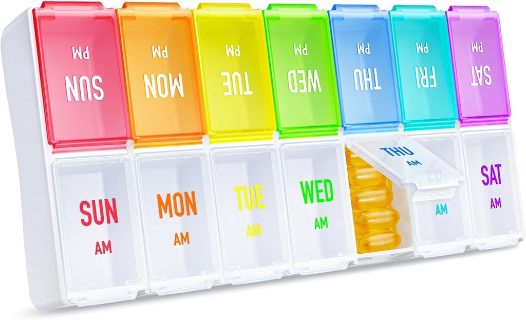 ZIKEE Rainbow Weekly Pill Organizer 2 Times a Day for Easy Tracking, AM PM Pill Case, Large 7 Day Pill Box Twice a Day, BPA-Free Medication Organizer for Pills, Vitamins, Fish Oils, Supplements