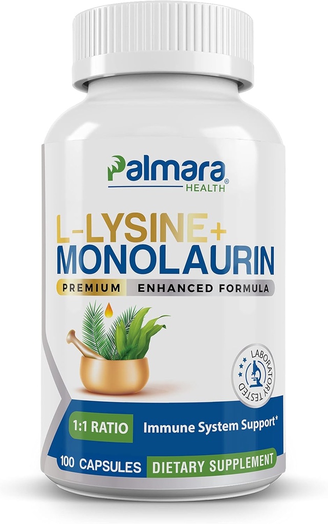 Palmara Health L-Lysine + Monolaurin 600mg 1:1 Ratio, 1 Pack, 100 cápsulas