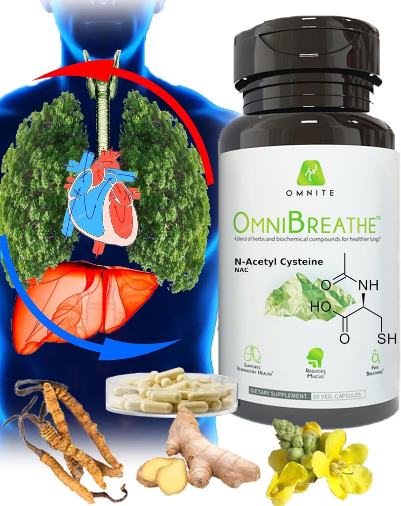 OMNIBREATHE - Mejora rápida de problemas respiratorios por NAC 600MG Formulado científicamente w. Quercetin/Mullein/Coq 10/Ginger/Stinging Nettle/Bromelain,3 Times w. Meal (10-Day Supply to Boost)