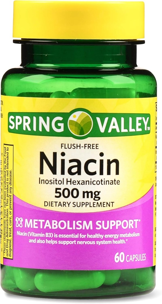 Spring Valley Flush-free Niacin 500 mg Metabolism Support, 60 cápsulas (Pack of 2)
