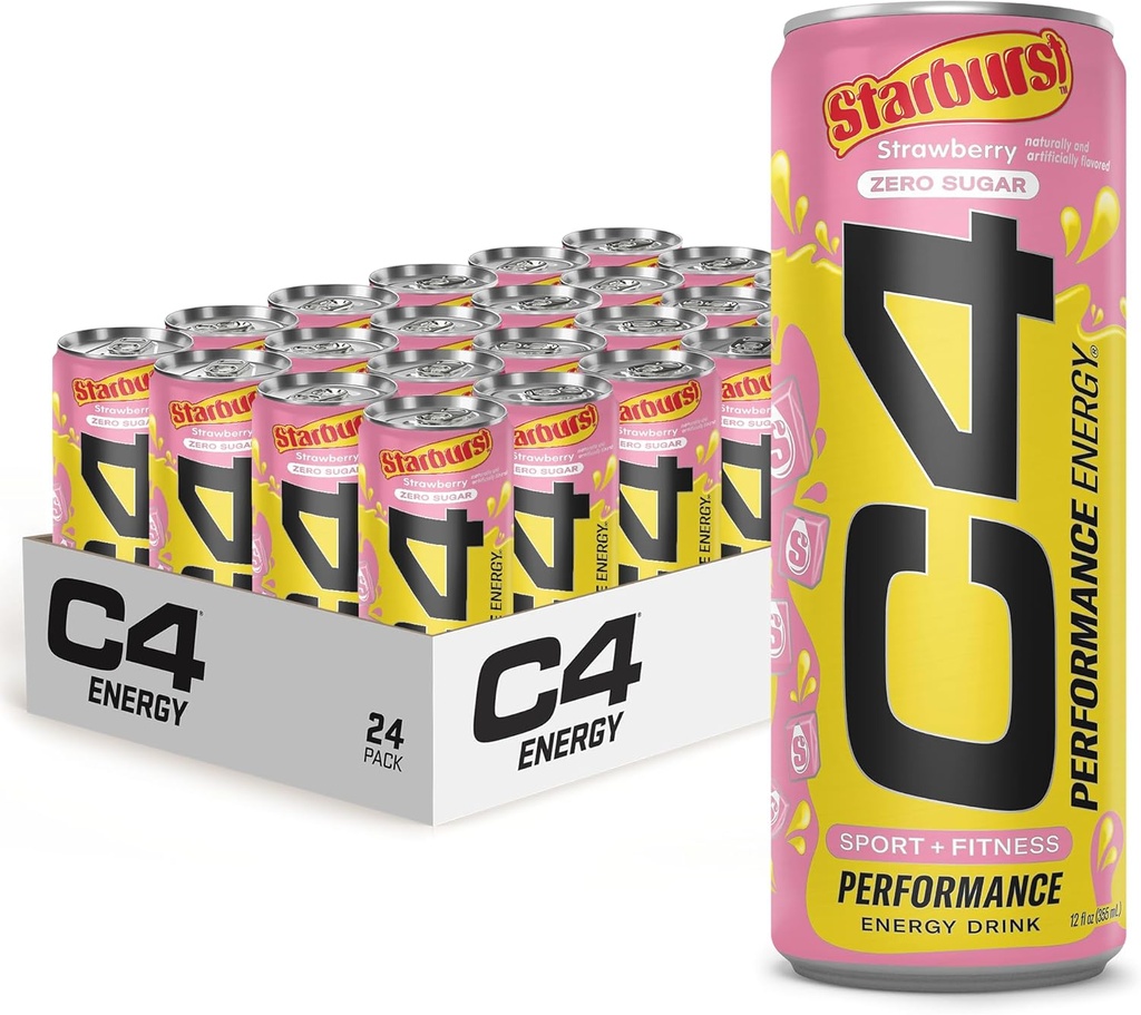 Cellucor C4 Performance Energy Drink ¦ STARBURST Strawberry ← Zero Sugar Carbonated Preworkout Energy ← 200mg Caffeine with Beta Alanine ← 12 Fl Oz (24 Pack)