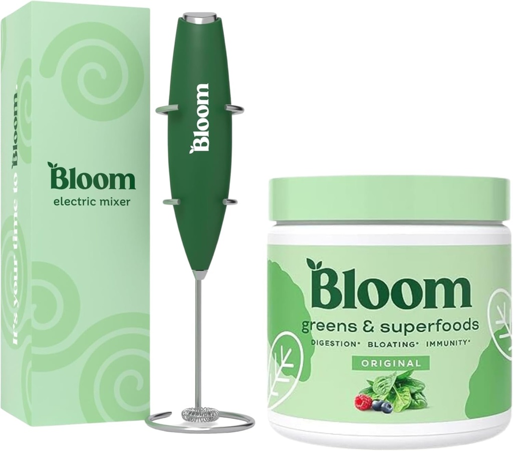 Bloom Nutrition Superfood Greens Powder, Enzymes Digestivos con Probióticos y Prebióticos, Gut Health, Bloating Relief, Original + Milk Frother High Powered Hand Mixer