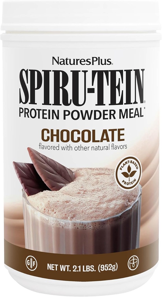 NaturesPlus SPIRU-TEIN Shake - Chocolate - 2.1 lbs, Spirulina Protein Powder - Reemplazamiento de la comida con base vegetal, vitaminas " minerales para la energía - Vegetariano, libre de gluten - 34
