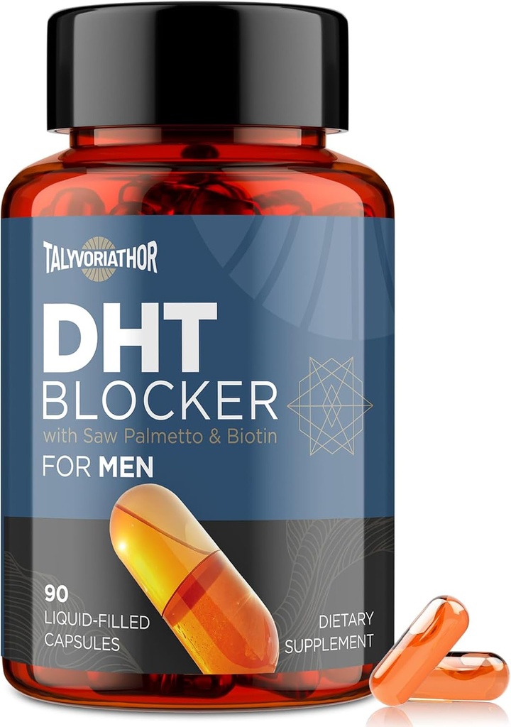 DHT Blocker for Men with Saw Palmetto & Biotin, Hair Growth Formula in Liquid-Filled Capsules, Hair Loss Supplements, Hair Regrowth Vitamins, Proprietary Herbal Blends - 90 Capsules(1 Bottle)