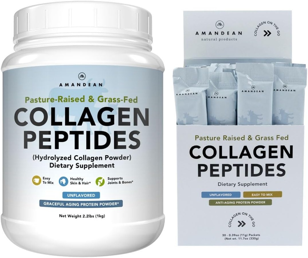AMANDEAN Collagen Peptides Bundle. 1kg & Stick Packs. Proteína con 18 Aminoácidos para la piel sana, el pelo, las uñas. Fácil de mezclar, sin sabor, no GMO