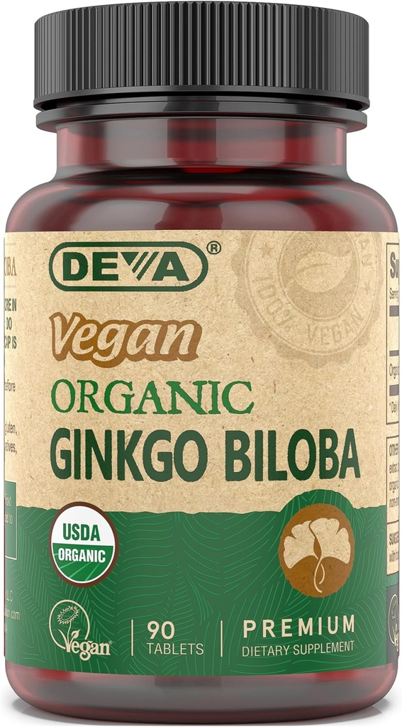 DEVA Vegan Ginkgo Biloba Suplemento dietético, USDA Organic, Vegan Society Certified, Easy-to-Swallow Tiny Tablets, 300 mg., 90-Count Bottle