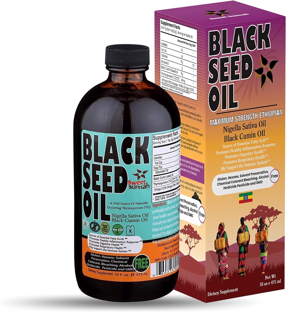 Petróleo de semilla negra etíope - 3.43% Timoquinone Cold-Presed Negro Cumin Seed from Pure Nigella Sativa - First Pressing Blackseed Non-GMO Mejorado - 16 Oz Glass Bottle Sweet Sunnah