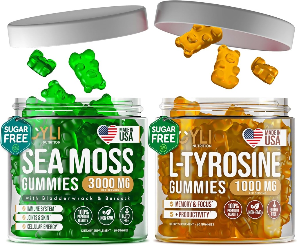 Irish Sea Moss & L-Tyrosine Gummies - L Tyrosine Supplement, Sea Moss Gummies for Adults, Kids - Focus Gummies, Irish Sea moss Bladderwrack Burdock Root - 60 L-Tyrosine, 60 Irish Sea Moss Gummies
