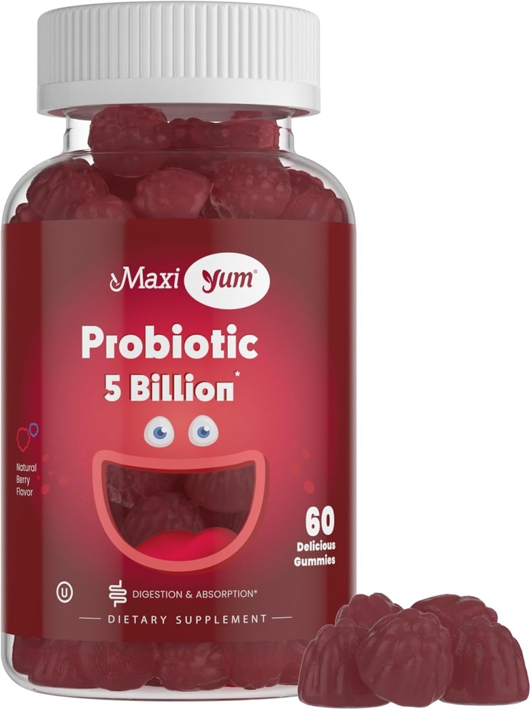 Maxi Health Yum, Gummies Probióticas con 5 millones de UF de Probióticos de Salud Digestiva, Kosher Certified Natural Berry Flavor Gut Health Chewable Gummy Suplementos para Mujeres Hombres, 60 Gummies