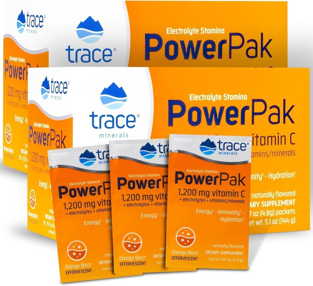 Trace Minerals ← Power Pak Electrolyte Powder Packets ← 1200 mg Vitamina C, Zinc, Magnesium ← Inmunidad más fuerte, hidratación y energía natural