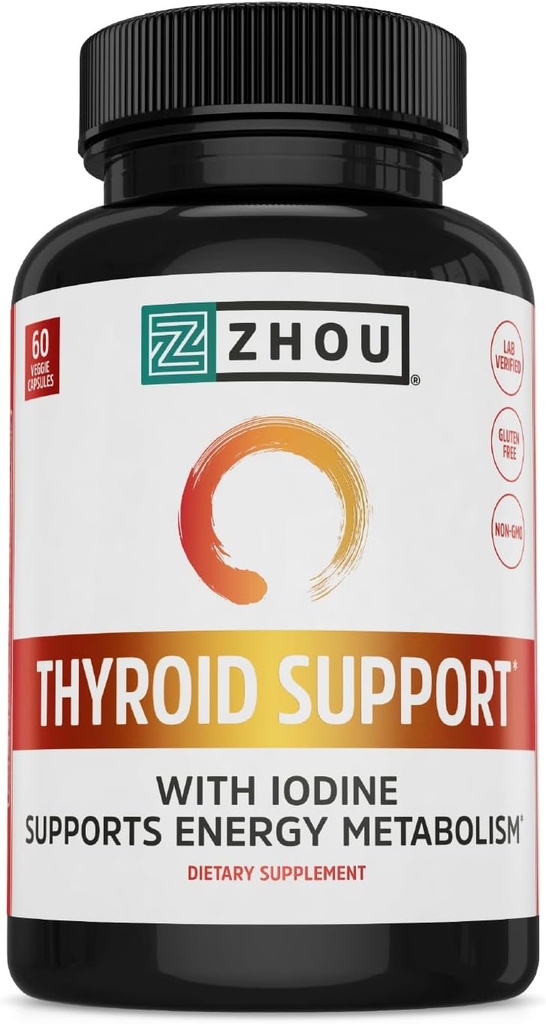 Soporte para tiroides Zhou - Suplemento para tiroides para hombres con zinc, yodo, selenio, complejo de tiroides de salud metabólica con Ashwagandha, Kelp - 60 cápsulas vegetales (Pack of 1)