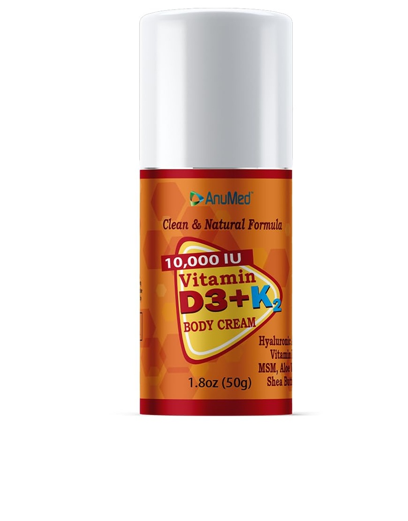 ANUMED - Vitamin D3 with K2 10000 IU Cream + Magnesium + Hyaluronic Acid + Vitamin E. Promotes Stronger Bones, Muscles, Joints. Maximum Calcium Absorption, Travel Size (1.8oz) (Package May Vary)