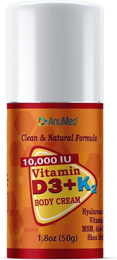 ANUMED - Vitamina D3 con K2 10000 UI Crema + Magnesio + Ácido hialurónico + Vitamina E. Promueve Huesos más fuertes, músculos, articulaciones. Absorción máxima de calcio, Tamaño de viaje (1.8oz) (Package May Vary)