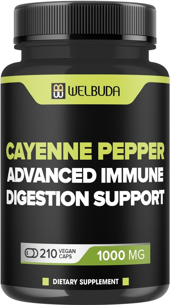 210 cápsulas - suplementos de pimienta de Cayenne Extracto 10:1 con bereberina HCI, ajol, hoja de oliva &amp; Más - Fórmula combinada para la salud digestiva, salud cardíaca y función de inmunidad Soporte