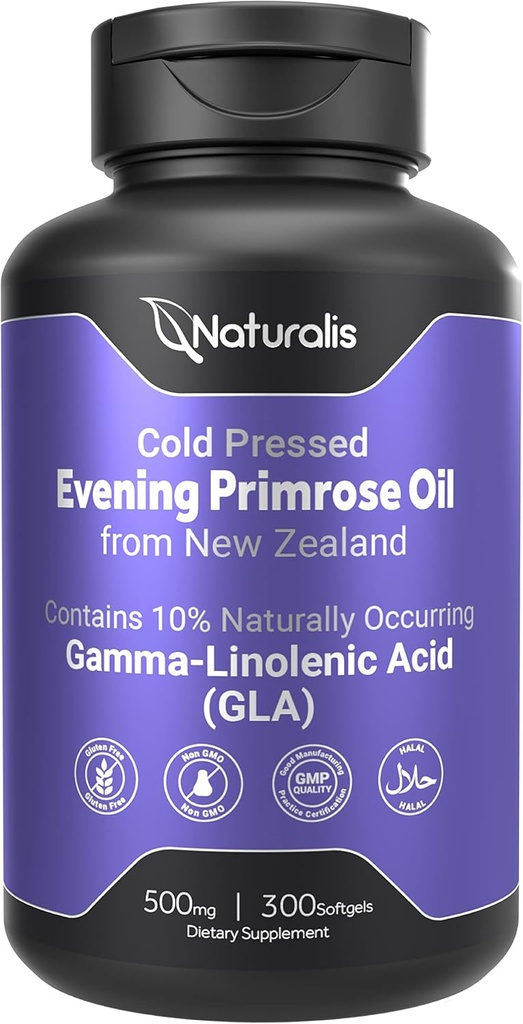 Naturalis Evening Primrose Oil (Cold Pressed) ← 100% natural de Nueva Zelanda ← No GMO, Soy &amp; Gluten Gratis, Zero Filler tención 300 Mini-Softgels