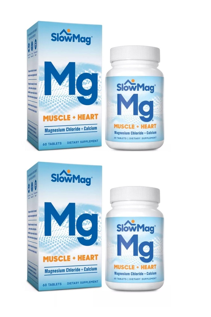 SlowMag Mg Muscle + Corazón, apoya la relajación muscular y la salud cardíaca. Cloruro de Magnesio + Calcio, Tablas de liberación lenta, fácil de absorber y suave en el estómago. 60 Cuenta (Pack of 2)