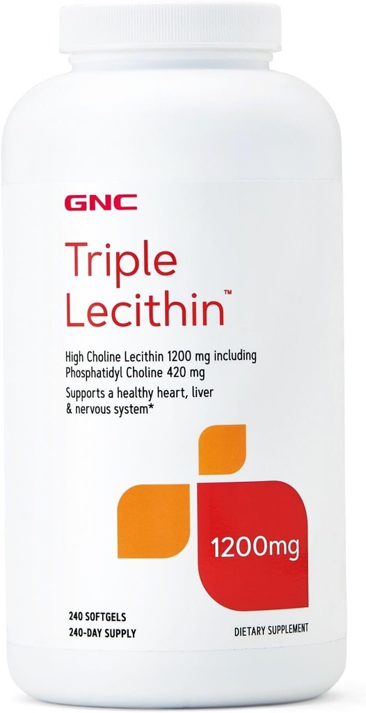 GNC Triple Lecithin 1200mg Suplemento, soporta un sistema saludable de corazón, hígado y nervios, 240 Servimientos