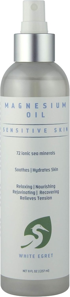 White Egret ¦ Magnesium Oil Spray Sensitive Skin with 72 Ionic sea Minerals ¦ Soothing, Nourishing, rejuvenecedor y recupera propiedades ← 8 Fl Oz