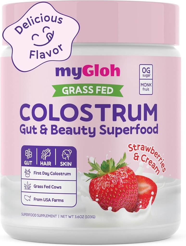 Colostrum Powder Premium ← Gut Health " Bloating, Hair Growth " Skin Glow, Immunity ← Natural Flavor Strawberries " Cream ← Grass-Fed Bovine Colostrum Suplemento TEN High IgG, Gluten Free, Bioactives