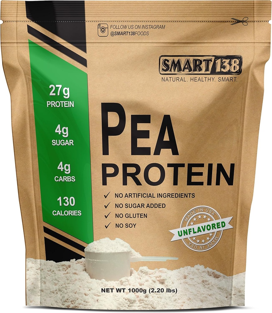 100% Puro Pea Protein, Ultra Smooth Powder, Vegan, Sin gluten, Libre de soja, Libre de lácteos, No GMO, EE.UU./Canadá, Keto (Low Carb), Natural BCAAs (1000g / 2.2lbs, Sin sabor)