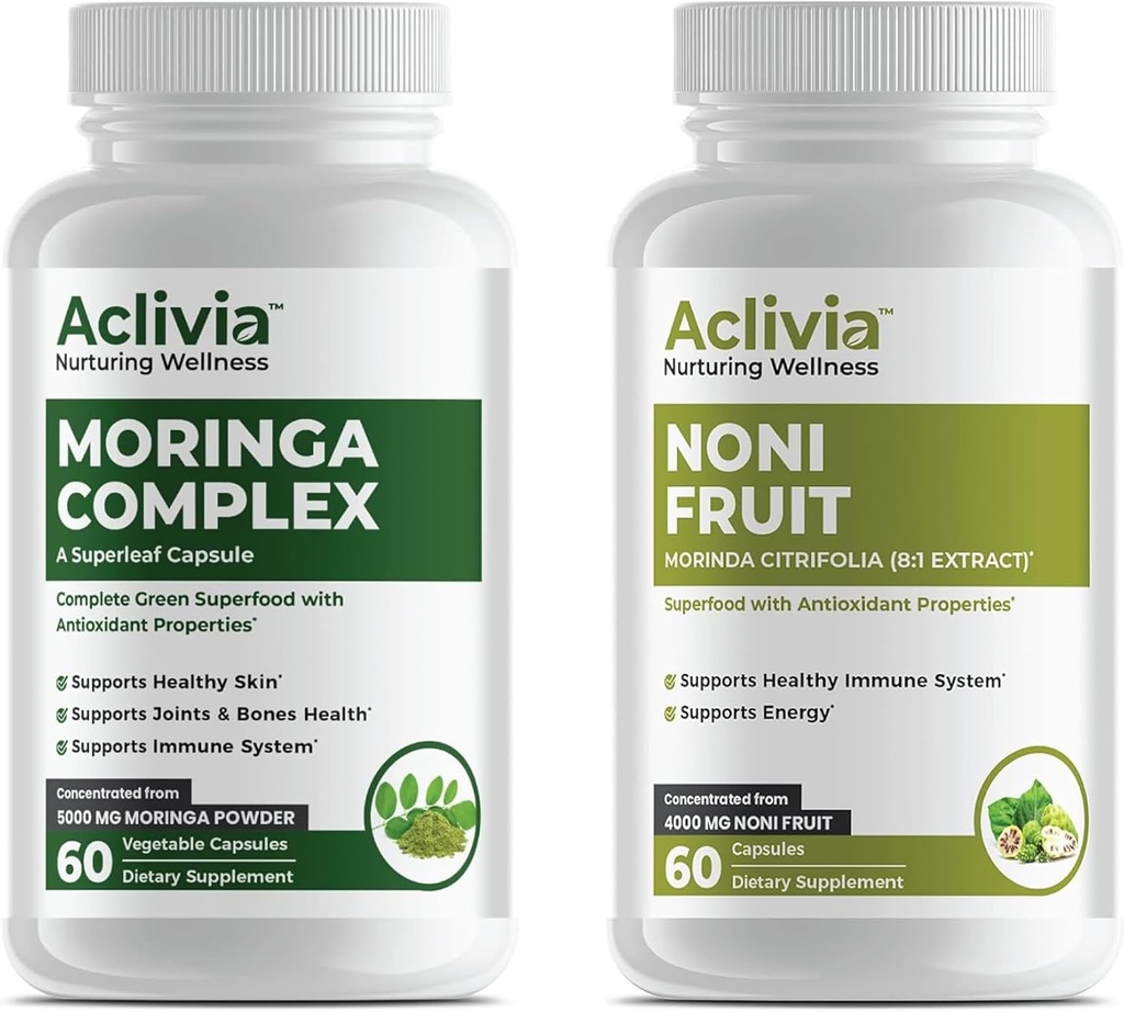 Noni Fruit & Moringa Bundle - Hawaiian Noni Extract 4000mg (8:1) " Oleifera Leaf " Seed Extract 5000mg - Traditional Herbal Supplement Superfood Complex - 60 cápsulas