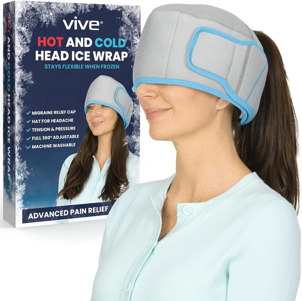 Vive Migraine Relief Cap - Sombrero de compresión caliente y frío para el dolor de cabeza - Cabeza completa Wrap Beanie &amp; Eye Mask for Tension & Pressure Relief - Cooling Headband - Reusable & Flexible Soft Gel Packs