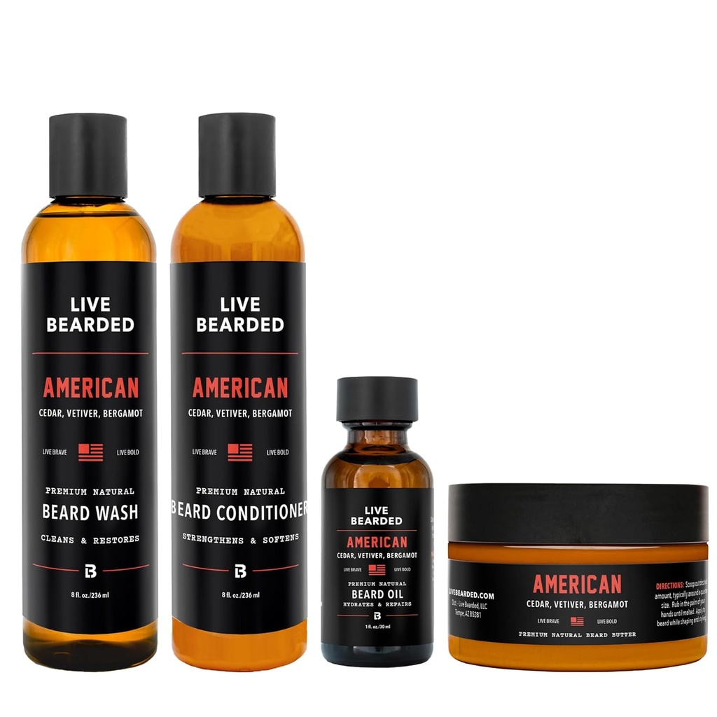 Kit completo de cocina de barba en vivo - Lavado, acondicionador, mantequilla y aceite - Hecho en los EE.UU. con ingredientes totalmente naturales - Mens Groom Set ← American Scent - Cedar, Vetiver, Bergamot