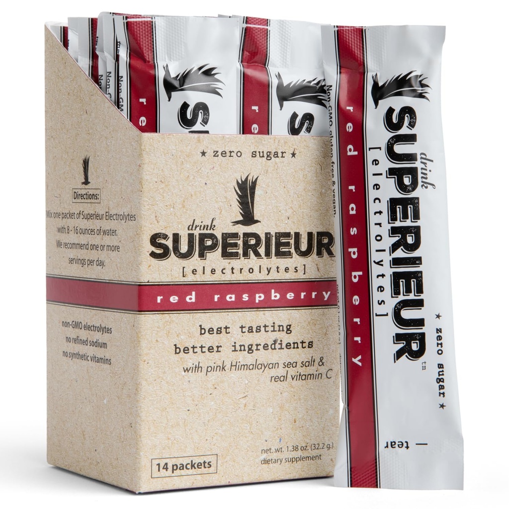 Superieur Electrolyte Powder Packets - Vegan Electrolyte Hydration Powder w/Sea Minerals - Keto Friendly, Non-GMO, Zero Sugar Electrolyte Supplement - Healthy Sports Drink - Raspberry (14 Packets)