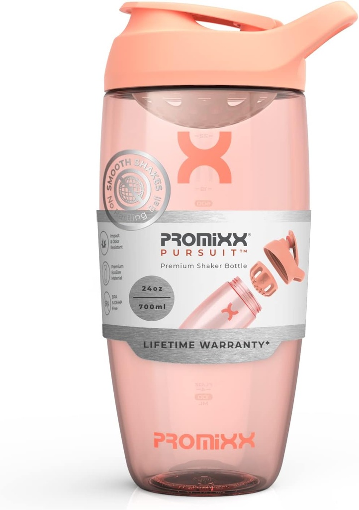 Promixx Pursuit Protein Shaker Bottle (24 oz) – Silent No-Ball Mixer, Leak-Proof Lid, BPA/BPS & Phthalate-Free ECOZEN – Easy-Clean Shaker Cup for Protein Shakes, Pre " Post-Workout Smoothies