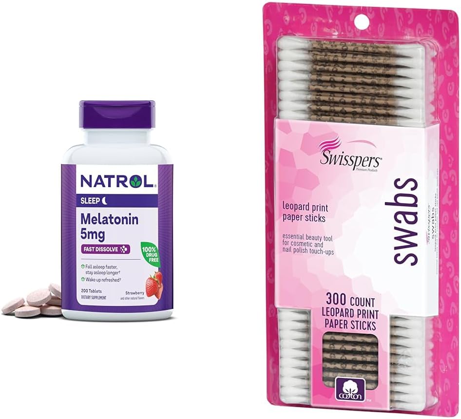 Natrol Melatonin 5mg Fast-Dissolve 200 Tablets & Swisspers Cotton Swabs 300 Count
