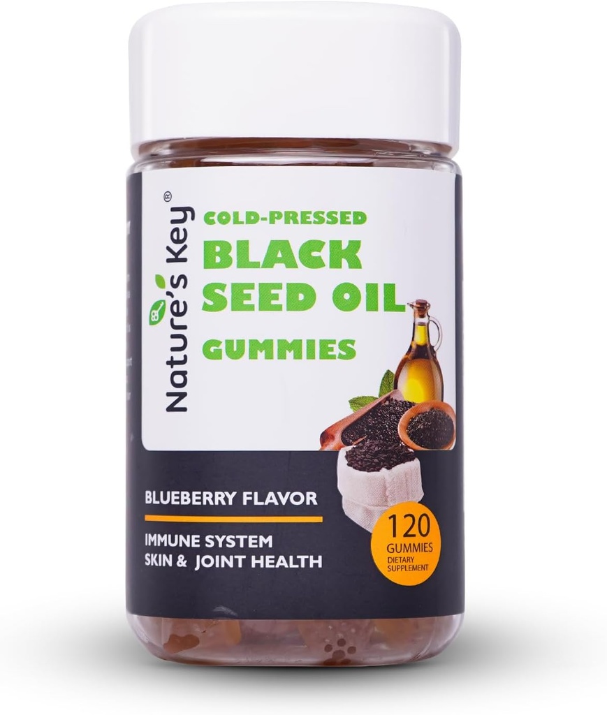 Mangas de aceite de semilla negra clave de la naturaleza,Inmunidad de apoyo, Juntas, Digestión, Pelo &amp; Esquía ← Cold-Pressed, con 200 mg de aceite de semilla Nigella Sativa, vitamina C, jengibre, granada (Blueberry Flavor 120 Conde)
