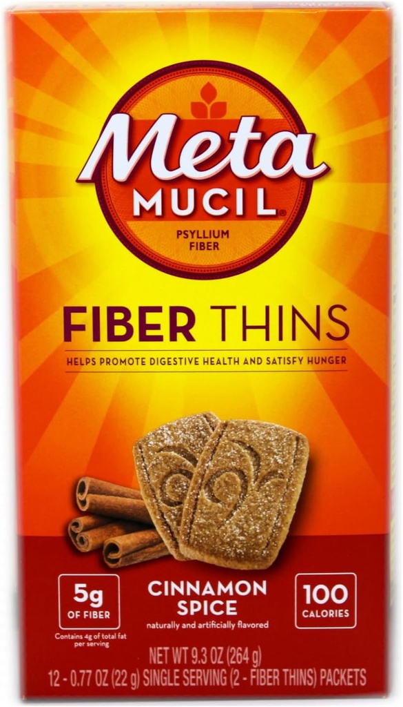 Metamucil Fiber Thins Cinnamon Spice 3-boxes of 12 packets. Each of the 12 packets contain 2 fiber thins
