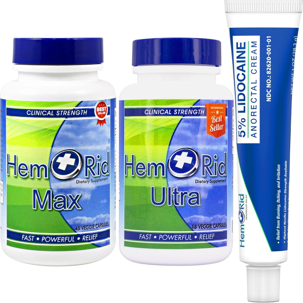 HemRid Completo Hemorrhoid Care System – Potent 5% Lidocaine Cream for Rapid Topical Comfort, Max Ultra Capsules for Ongoing Vascular Health and Circulatory Support
