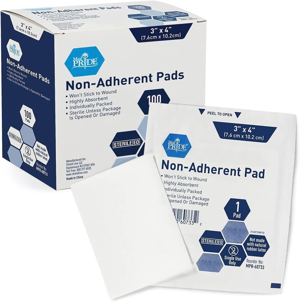 MED PRIDE Sterile Non Stick Pads for Wound Care and Wounds, Highly Absorbent, Painless Removal, Individualmente Wrapped (3x4 Inch (Pack of 100))